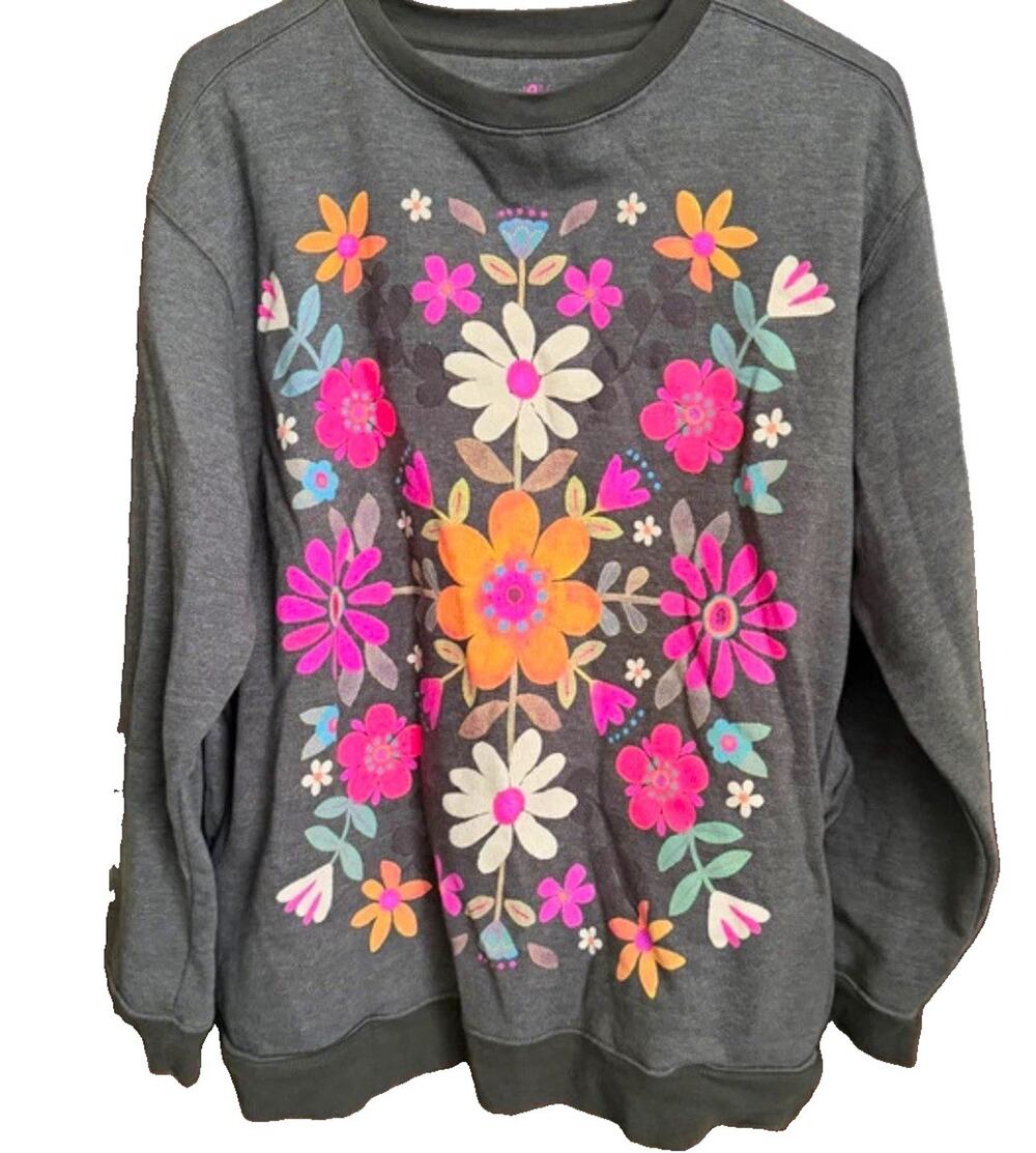 Natural Life Floral Graphic Grey Pullover Crewneck Sweatshirt Pockets Oversize S